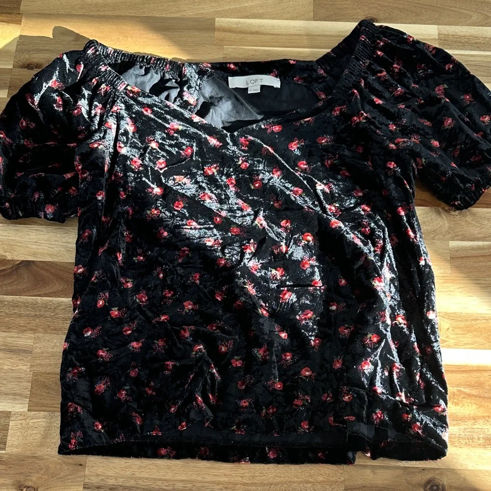 LOFT Black Velvet Top with Red Floral Accents